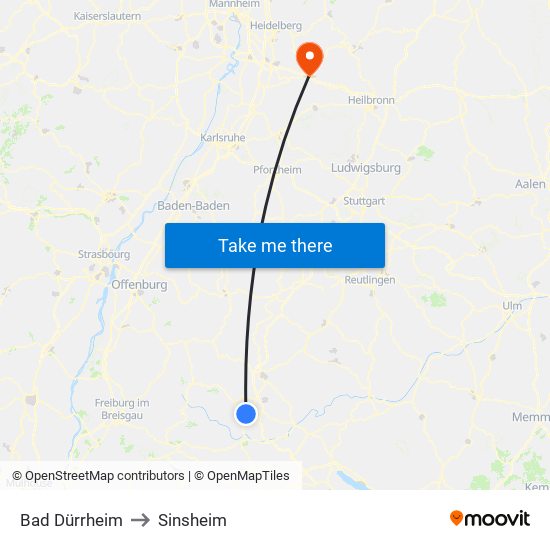 Bad Dürrheim to Sinsheim map