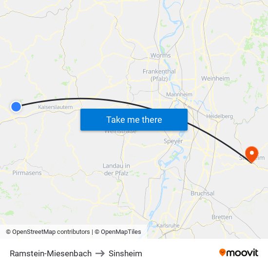 Ramstein-Miesenbach to Sinsheim map