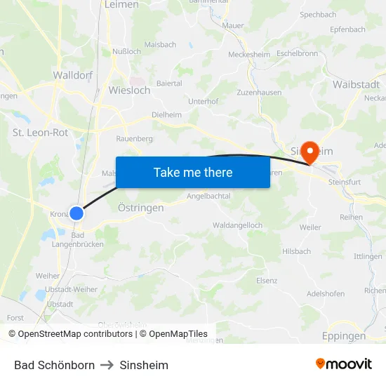 Bad Schönborn to Sinsheim map