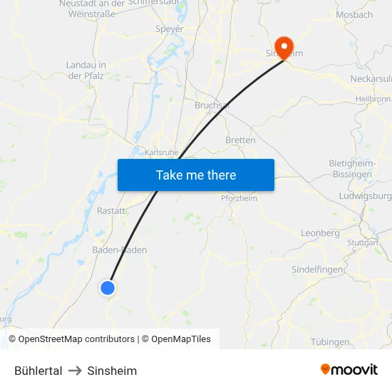 Bühlertal to Sinsheim map