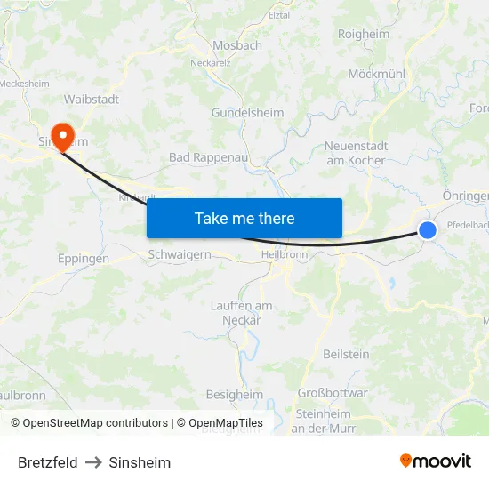 Bretzfeld to Sinsheim map