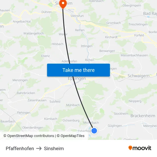 Pfaffenhofen to Sinsheim map
