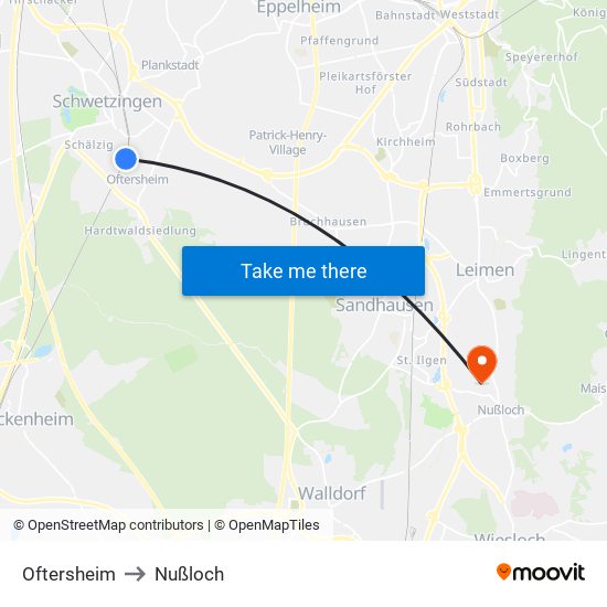 Oftersheim to Nußloch map