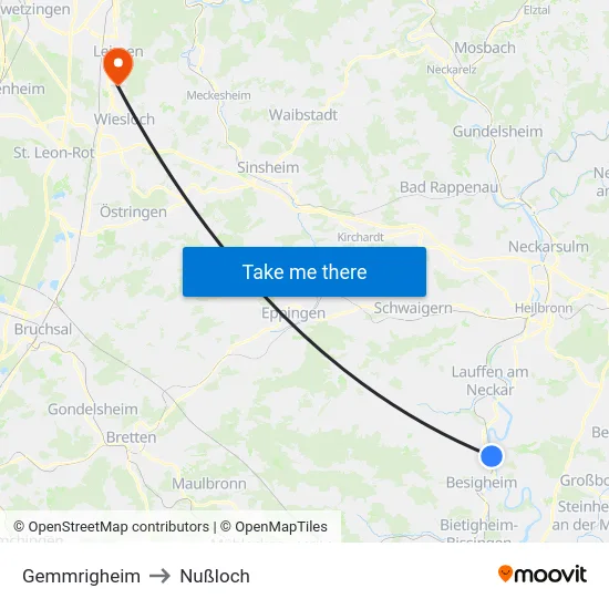 Gemmrigheim to Nußloch map