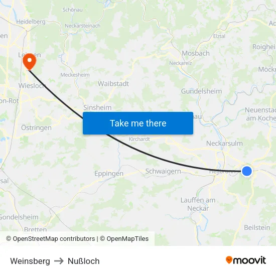 Weinsberg to Nußloch map