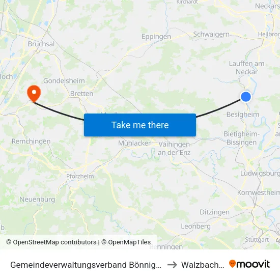 Gemeindeverwaltungsverband Bönnigheim to Walzbachtal map