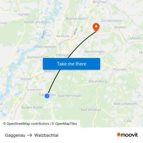 Gaggenau to Walzbachtal map