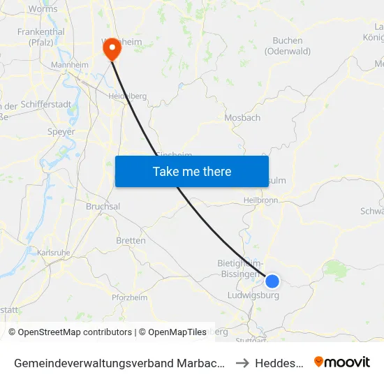 Gemeindeverwaltungsverband Marbach am Neckar to Heddesheim map