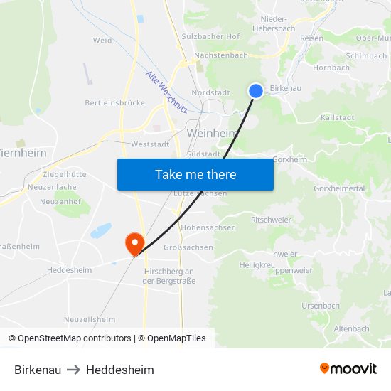 Birkenau to Heddesheim map