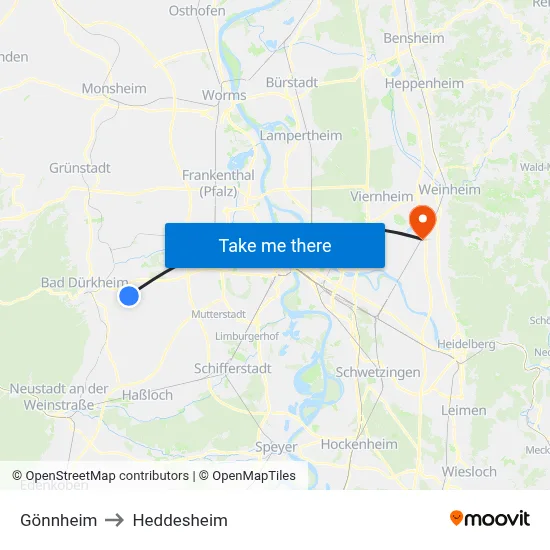 Gönnheim to Heddesheim map