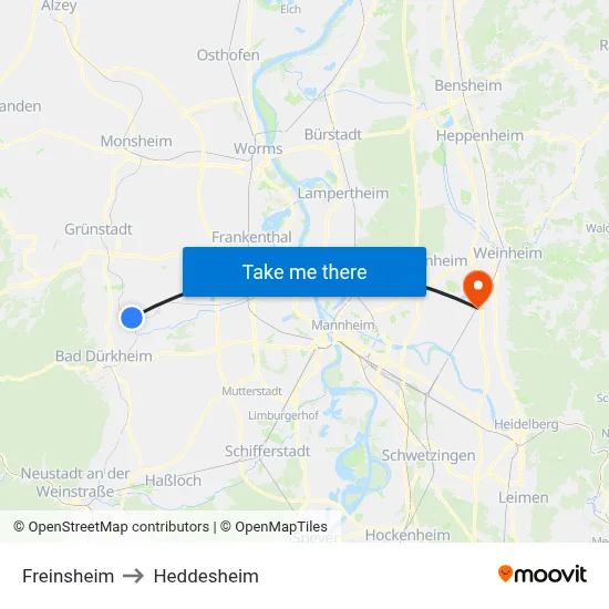 Freinsheim to Heddesheim map
