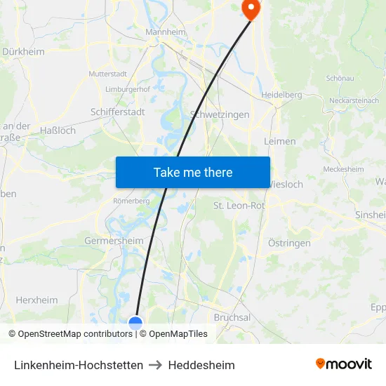 Linkenheim-Hochstetten to Heddesheim map