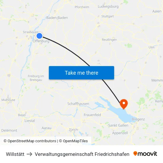 Willstätt to Verwaltungsgemeinschaft Friedrichshafen map