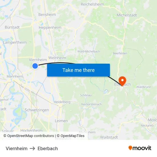 Viernheim to Eberbach map