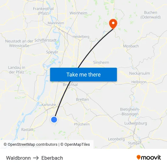 Waldbronn to Eberbach map
