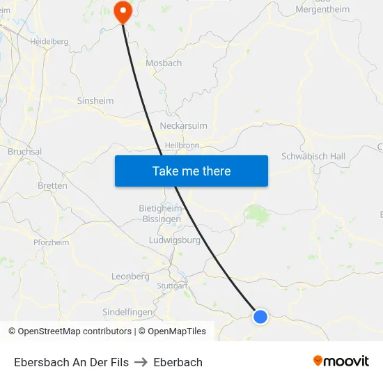 Ebersbach An Der Fils to Eberbach map