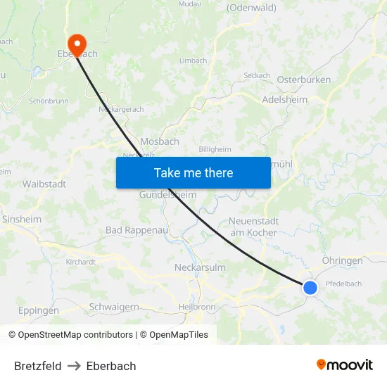 Bretzfeld to Eberbach map