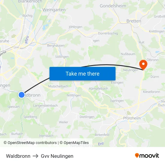 Waldbronn to Gvv Neulingen map