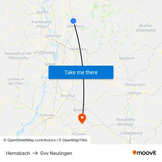 Hemsbach to Gvv Neulingen map