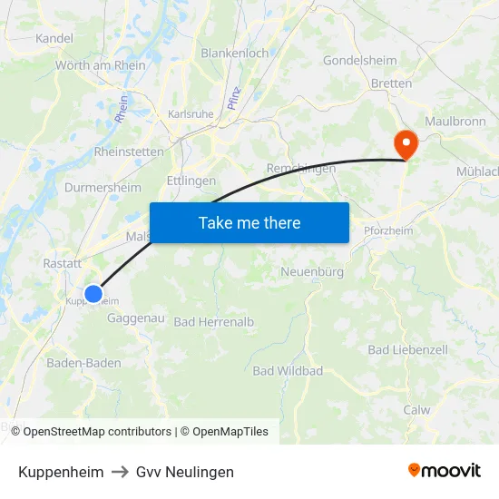 Kuppenheim to Gvv Neulingen map