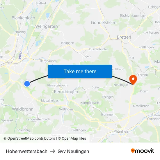 Hohenwettersbach to Gvv Neulingen map