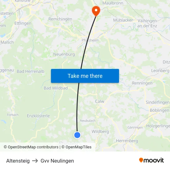 Altensteig to Gvv Neulingen map
