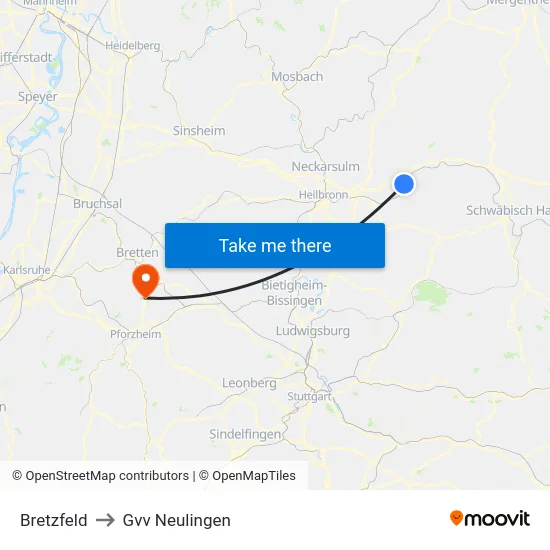 Bretzfeld to Gvv Neulingen map