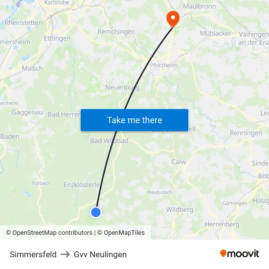 Simmersfeld to Gvv Neulingen map