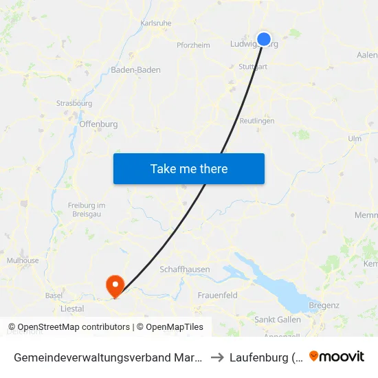 Gemeindeverwaltungsverband Marbach am Neckar to Laufenburg (Baden) map