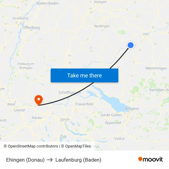 Ehingen (Donau) to Laufenburg (Baden) map