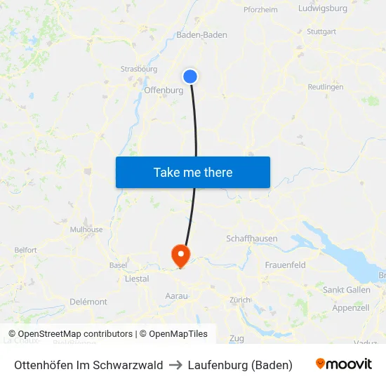 Ottenhöfen Im Schwarzwald to Laufenburg (Baden) map