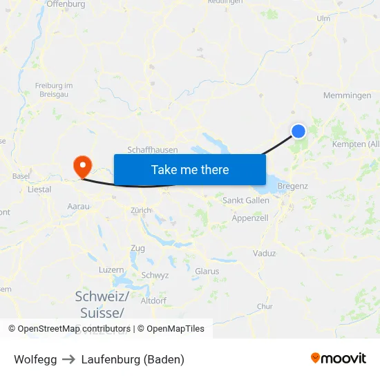 Wolfegg to Laufenburg (Baden) map