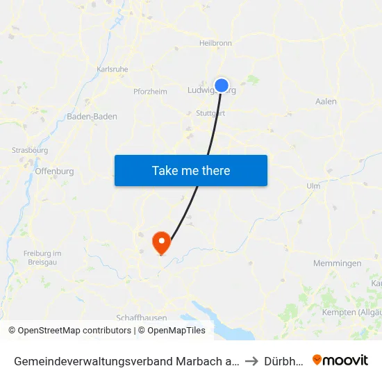 Gemeindeverwaltungsverband Marbach am Neckar to Dürbheim map