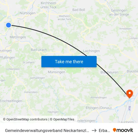Gemeindeverwaltungsverband Neckartenzlingen to Erbach map