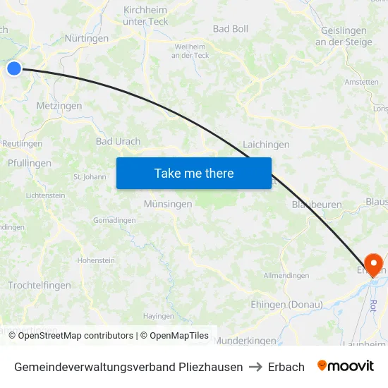 Gemeindeverwaltungsverband Pliezhausen to Erbach map