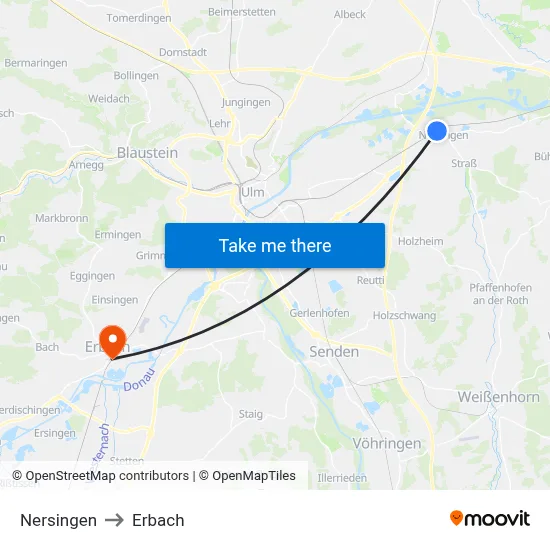 Nersingen to Erbach map