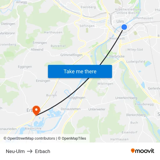 Neu-Ulm to Erbach map