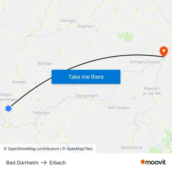 Bad Dürrheim to Erbach map