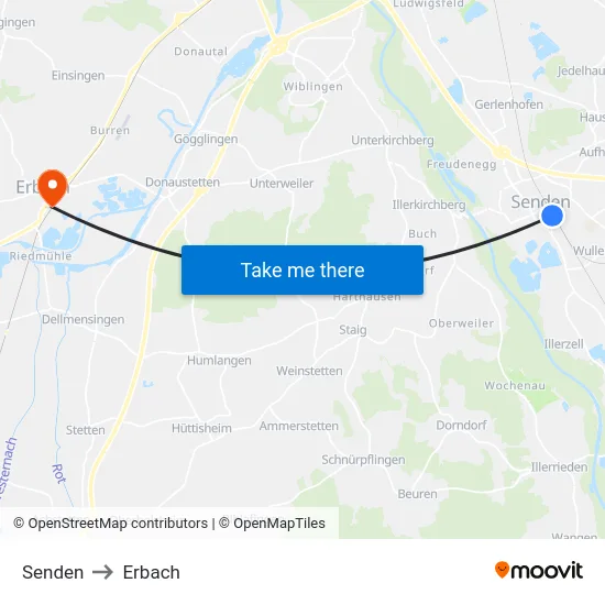 Senden to Erbach map