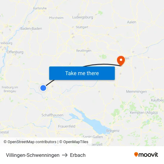 Villingen-Schwenningen to Erbach map