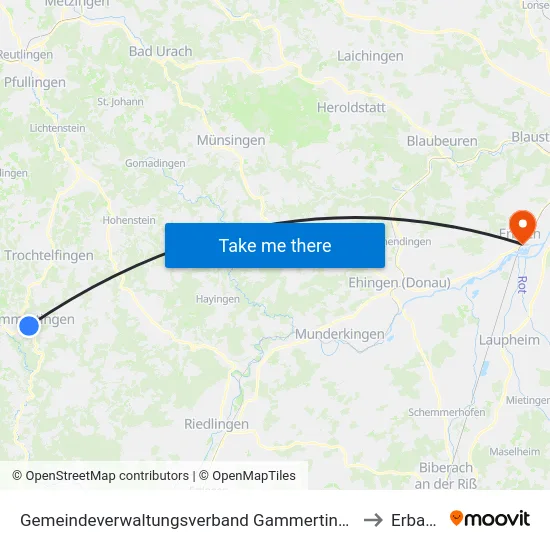 Gemeindeverwaltungsverband Gammertingen to Erbach map