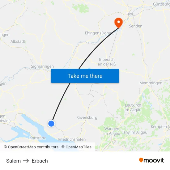 Salem to Erbach map