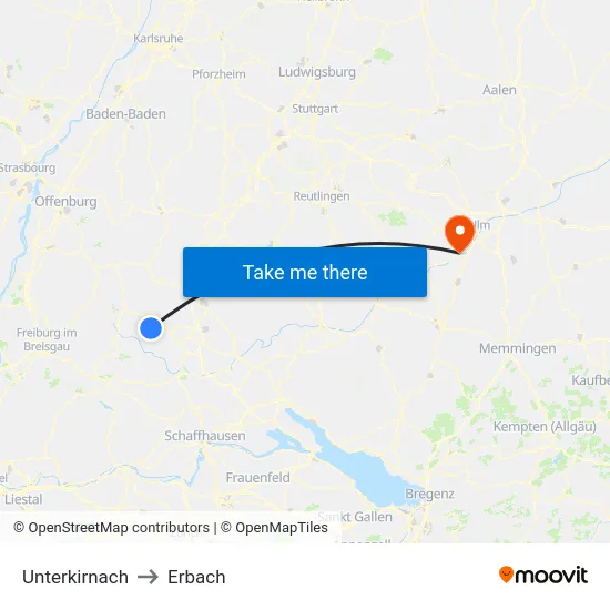 Unterkirnach to Erbach map