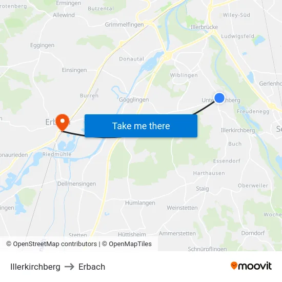 Illerkirchberg to Erbach map