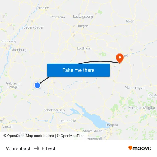Vöhrenbach to Erbach map
