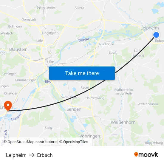 Leipheim to Erbach map