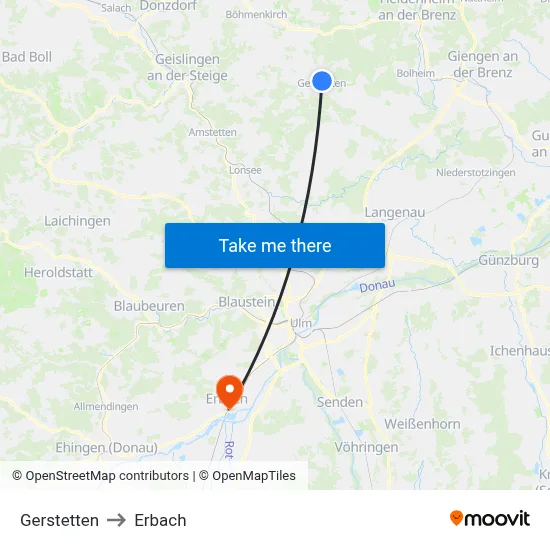 Gerstetten to Erbach map