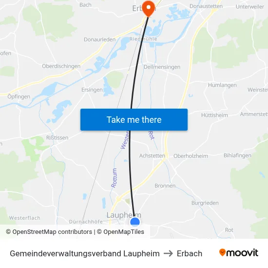 Gemeindeverwaltungsverband Laupheim to Erbach map