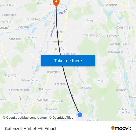 Gutenzell-Hürbel to Erbach map