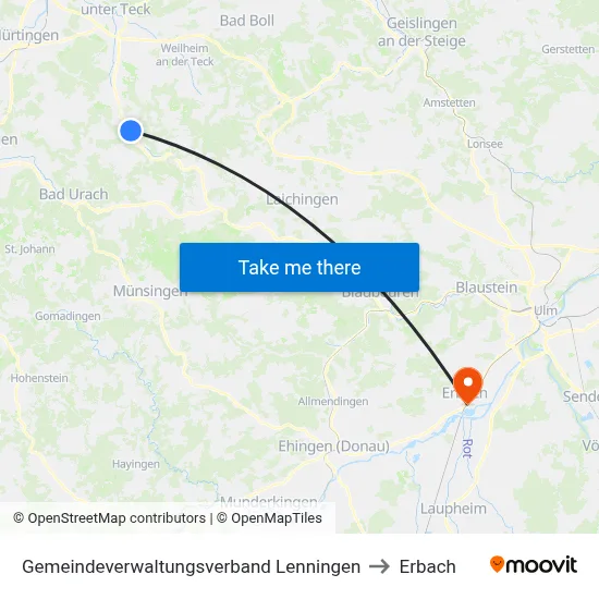 Gemeindeverwaltungsverband Lenningen to Erbach map